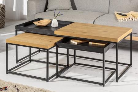 Industriële salontafels Set van 3 eiken look afneembaar dienblad