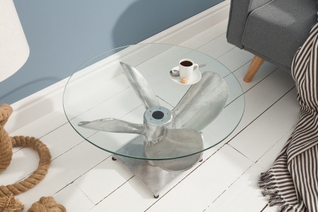Maritieme salontafel OCEAN M 60cm zilveren antieke scheepsschroef met glazen blad - Img 2