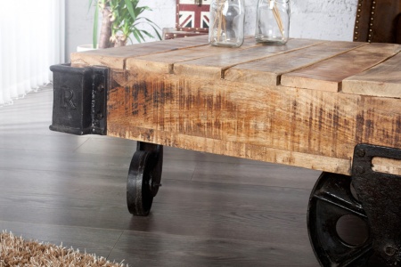 Massiev mangohout design salontafel RAILWAY 120cm met 4 wielen - Img 7