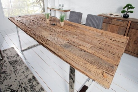 Massieve eettafel BARRACUDA 240cm antiek teakhout met stalen glijpoten inclusief glazen blad - Img 2