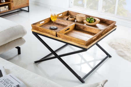 Massieve salontafel 80cm mangohout incl. 3 uitneembare dienbladen - Img 4