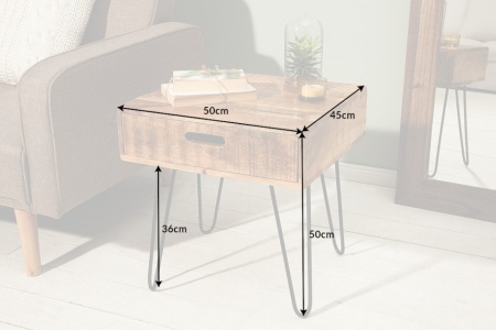 Retro bijzettafel 50cm mangohouten haarspeldpoten met lade - Img 2