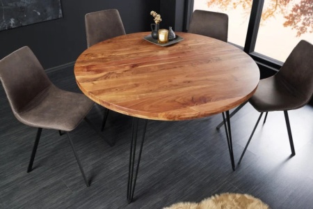 Ronde eettafel SCORPION 120cm natuurlijk acacia massief hout haarspeldpoten retro design - Img 6