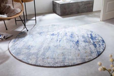 Vintage vloerkleed 150 cm blauw gewassen ronde used look - Img 3