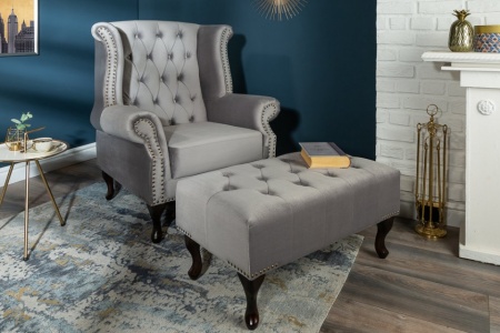 Chesterfield fauteuil 85cm zilvergrijs fluweel met knoopsluiting - Img 4