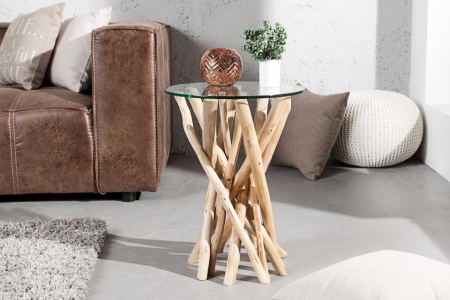 Design bijzettafel DRIFTWOOD 40cm teak met glazen blad ronde salontafel - Img 4