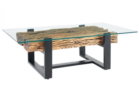Design salontafel BARRACUDA 130cm gerecycleerd teak glasblad zwart RVS industrieel - Img 7