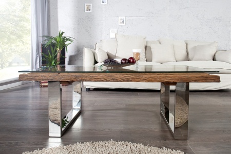 Indrukwekkende salontafel BARRACUDA 110cm antiek teak met onderstel en glas - Img 5