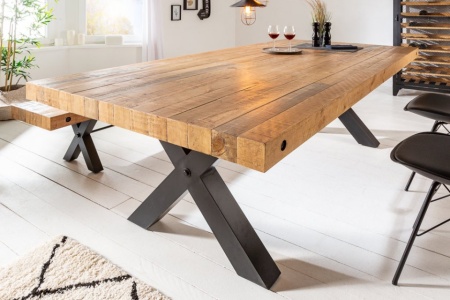 Massieve eettafel ROAD 200cm naturel gerecycled grenen industrieel design X-frame - Img 3