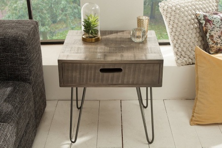 Retro bijzettafel SCORPION 50 cm grijs mangohouten haarspeldpoten met lade - Img 2