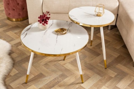 Retro salontafel PARIS 60cm wit kristalglas met marmeren bijzettafeltje - Img 4