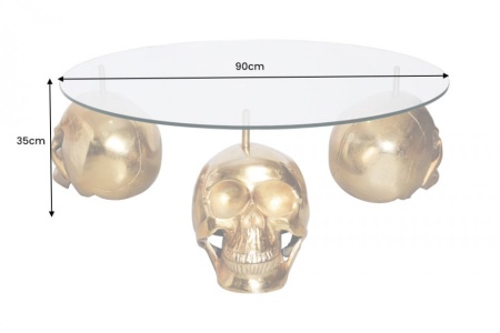 Design salontafel SKULL XXL 90 cm goud rond glazen blad metalen schedel handgemaakt - Img 3