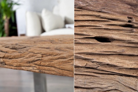 Indrukwekkende salontafel BARRACUDA 110cm antiek teak met onderstel en glas - Img 6
