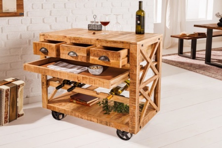 Industriële barkast BODEGA 86 cm mangohouten trolley met wijnrek - Img 3
