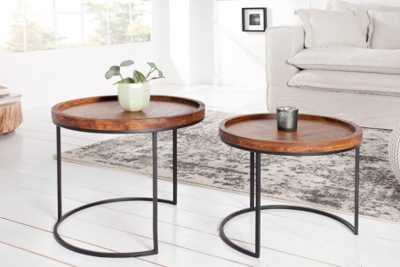 Industriële set van 2 bijzettafels ELEMENTS 55 cm acacia massief hout steen afwerking - Img 2