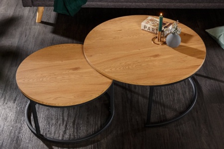 Industriële stijl Ronde eikenlook 80 cm salontafel set van 2 - Img 3