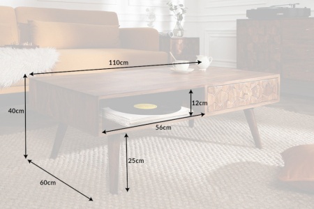 Massief hout salontafel met lades LIVING 110 cm naturel sheesham 3D-oppervlak massief hout - Img 7