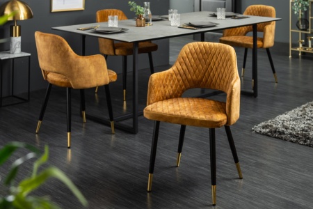 Moderne stoel mosterdgeel met decoratieve quilten en gouden voetdoppen - Img 3