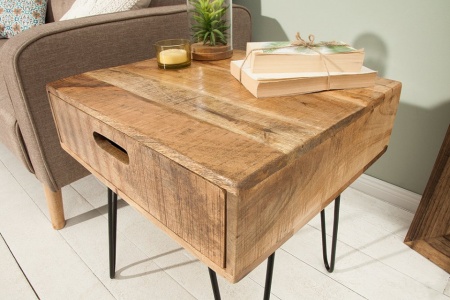 Retro bijzettafel 50cm mangohouten haarspeldpoten met lade - Img 3