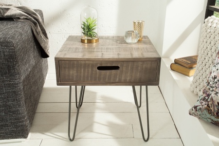 Retro bijzettafel SCORPION 50 cm grijs mangohouten haarspeldpoten met lade - Img 3