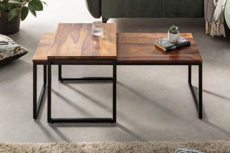 Set van 2 design salontafels ELEMENTS 100cm Sheesham stone finish metalen frame - Img 7