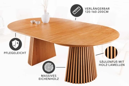 Uitschuifbare eettafel VALHALLA WOOD 120-160-200 cm natuurlijk eiken ronde ovale kolomvoet massief hout - Img 8