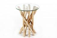 Design bijzettafel DRIFTWOOD 40cm teak met glazen blad ronde salontafel