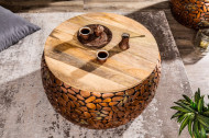 Handgemaakte set van 2 salontafels STONE MOSAIC 65cm koper acacia hout mozaïek look