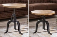 Height adjustable side table ENGINEER 50cm mango wood industrial design solid round iron
