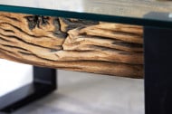 Design salontafel BARRACUDA 130cm gerecycleerd teak glasblad zwart RVS industrieel