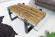 Design salontafel BARRACUDA 130cm gerecycleerd teak glasblad zwart RVS industrieel
