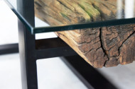 Design salontafel BARRACUDA 130cm gerecycleerd teak glasblad zwart RVS industrieel