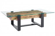 Design salontafel BARRACUDA 130cm gerecycleerd teak glasblad zwart RVS industrieel