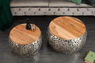 Handgemaakte set van 2 salontafels STONE MOSAIC 65cm zilver acaciahout mozaïek look
