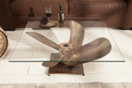 Maritieme salontafel OCEAN L 85cm antiek koper met scheepsschroef en glazen blad
