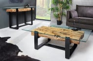 Design salontafel BARRACUDA 130cm gerecycleerd teak glasblad zwart RVS industrieel