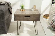 Retro bijzettafel SCORPION 50 cm grijs mangohouten haarspeldpoten met lade