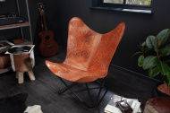 Retro loungestoel BUTTERFLY lichtbruine lederen bekleding met decoratieve klinknagels