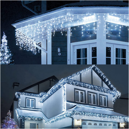 Instalatie de Craciun tip franjuri, 20 metri lungime, 460 LED Alb Rece