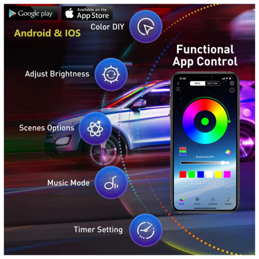 Banda LED lumini ambientale auto, 5 unitati, 6M, iOS, Android