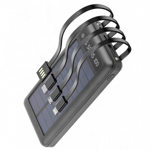 Baterie externa solara, 12.000mAh, 4 in 1 - USB 2.0, Type-C, MicroUSB si Lightning Incorporate