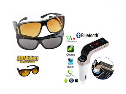 Set 2 ochelari de condus zi si noapte + Modulator FM auto MP3 Bluetooth