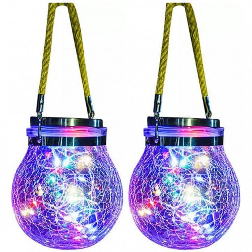 Set 2 x Lampa solara cu LED, tip felinar solar din sticla, Multicolor