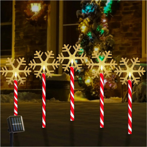 Decoratiune luminoasa pentru Craciun, 5 fulgi de nea, Incarcare solara, Alb Cald