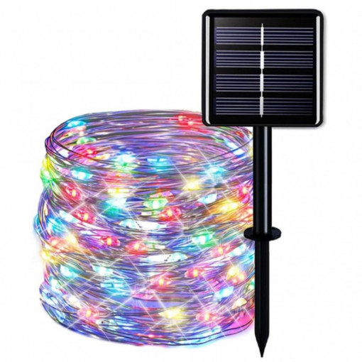 Instalatie cu incarcare solara, 100 led, 10 m, fir cupru, Multicolor