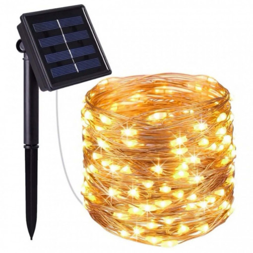 Instalatie cu incarcare solara, 100 led, 10 m, fir cupru, Alb Cald