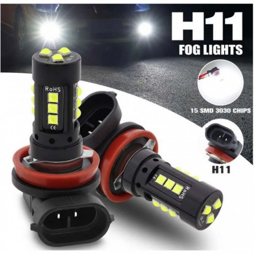 Set 2 Becuri Auto H11, 15 LED smd /bec, 80W