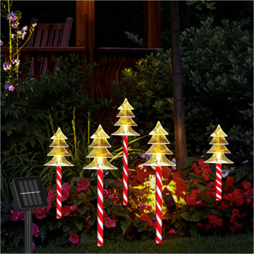 Decoratiune luminoasa pentru Craciun, 5 braduti LED pentru gradina, incarcare solara, Alb Cald