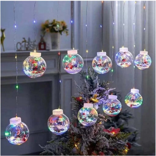 Perdea luminoasa, 10 globuri cu mos craciun, Multicolor