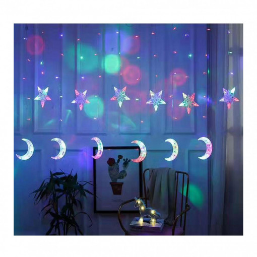 Perdea luminoasa de Craciun cu stele si luna multicolor